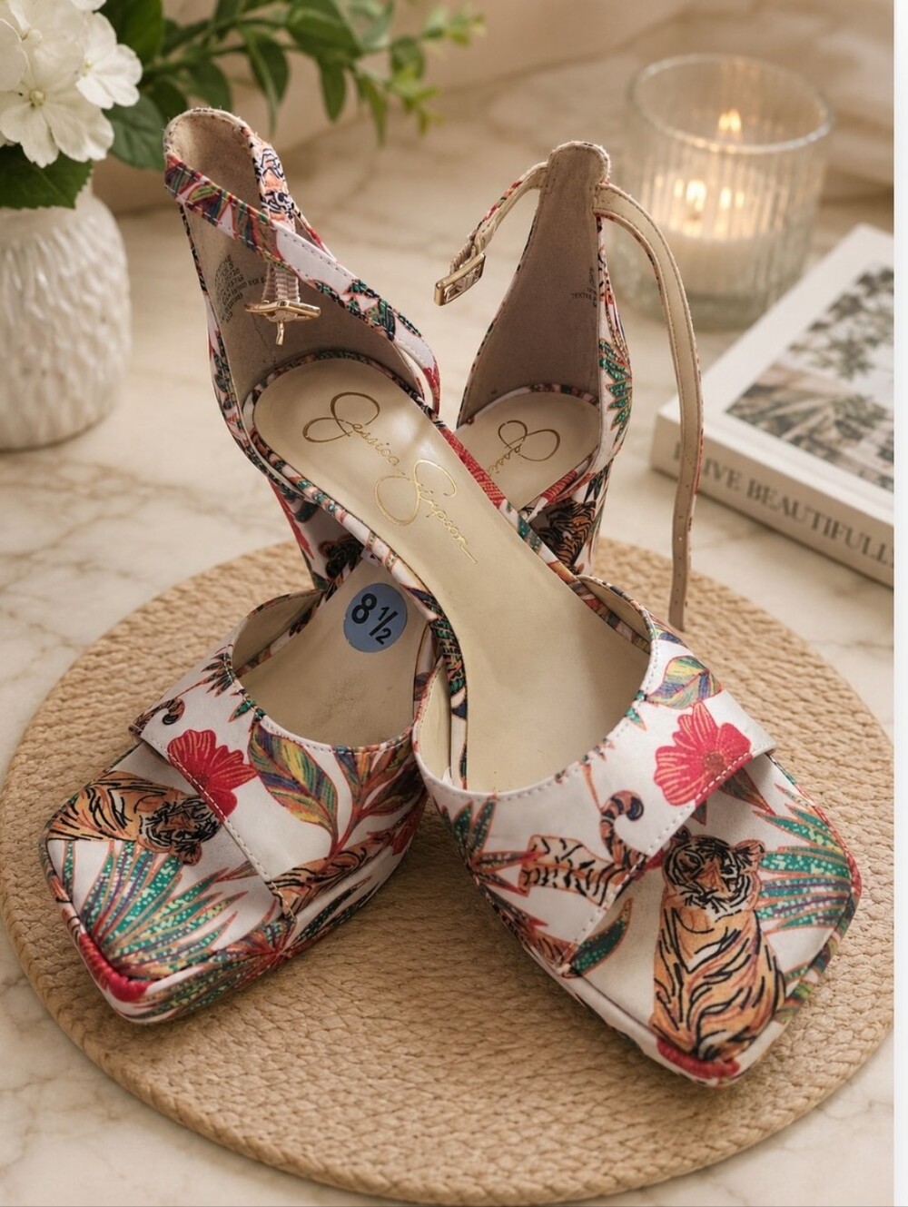 Jessica Simpson Unique Floral & Tiger Print Slingback Heels Very Sturdy
